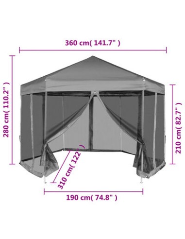 Chapiteau hexagonal gris avec 6 parois...
