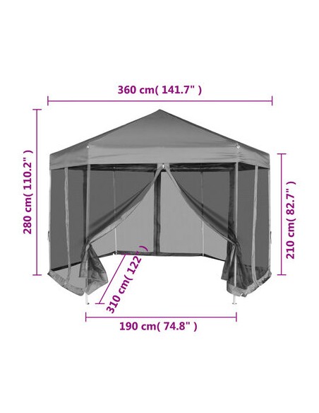 Chapiteau hexagonal gris avec 6 parois latérales 3,6x3,1m