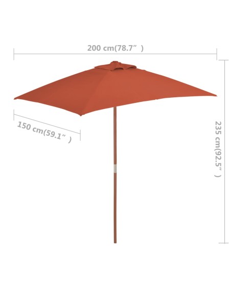 Parasol d'extérieur avec mât en bois 150 x 200 cm Terre cuite