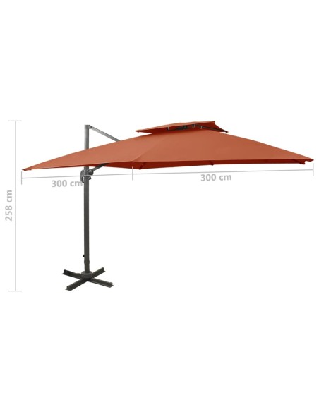 Parasol déporté avec double toit 300x300 cm terre cuite