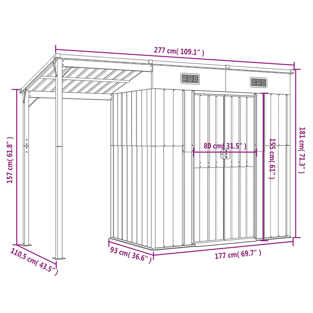 dimensions abris de jardin avec toit prolongé